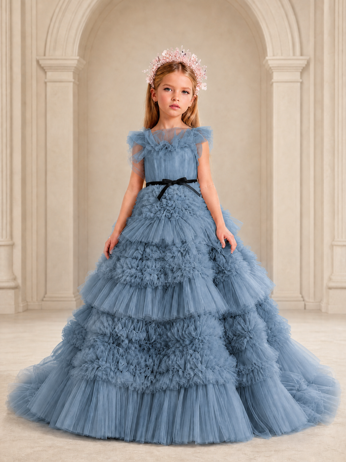 BOLODOO Dusty Blue Tiered Tulle Flower Girl Dress with Floral Appliques - Dusty Blue - Dusty Blue_1