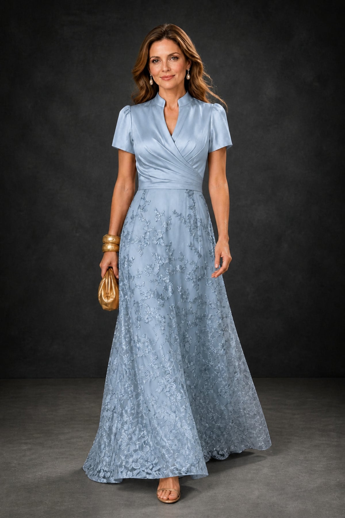 BOLODOO Dusty Blue Satin Wrap V-Neck Short Sleeve Lace Glitter A-Line Floor Length Evening Gown – Formal Dress - Dusty Blue