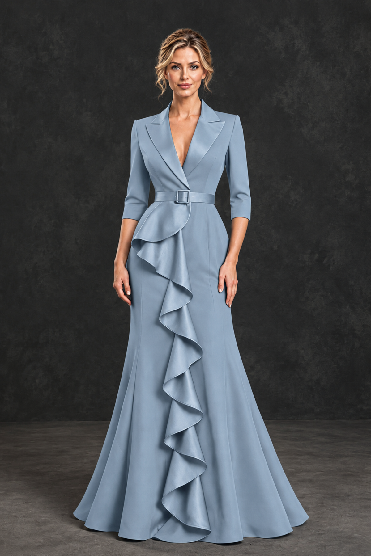 BOLODOO Dusty Blue Lapel Ruffle Mother of the Bride Dress with Belt - Dusty Blue - Dusty Blue_1