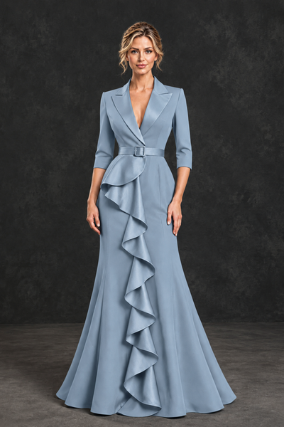BOLODOO Dusty Blue Lapel Ruffle Mother of the Bride Dress with Belt - Dusty Blue - Dusty Blue_1