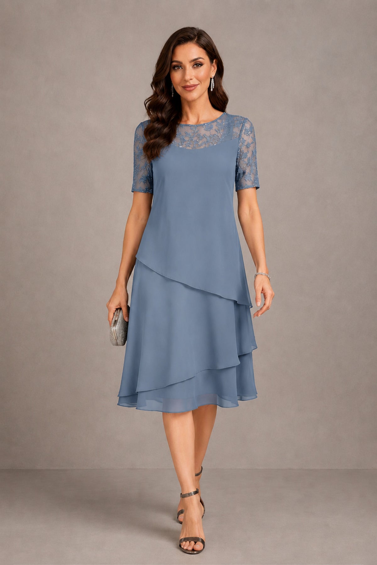BOLODOO Dusty Blue Illusion Lace Short Sleeve Tiered Chiffon Tea Length Dress | Mother of the Bride Midi Dress - Dusty Blue