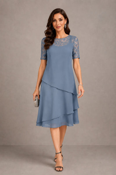 BOLODOO Dusty Blue Illusion Lace Short Sleeve Tiered Chiffon Tea Length Dress | Mother of the Bride Midi Dress - Dusty Blue