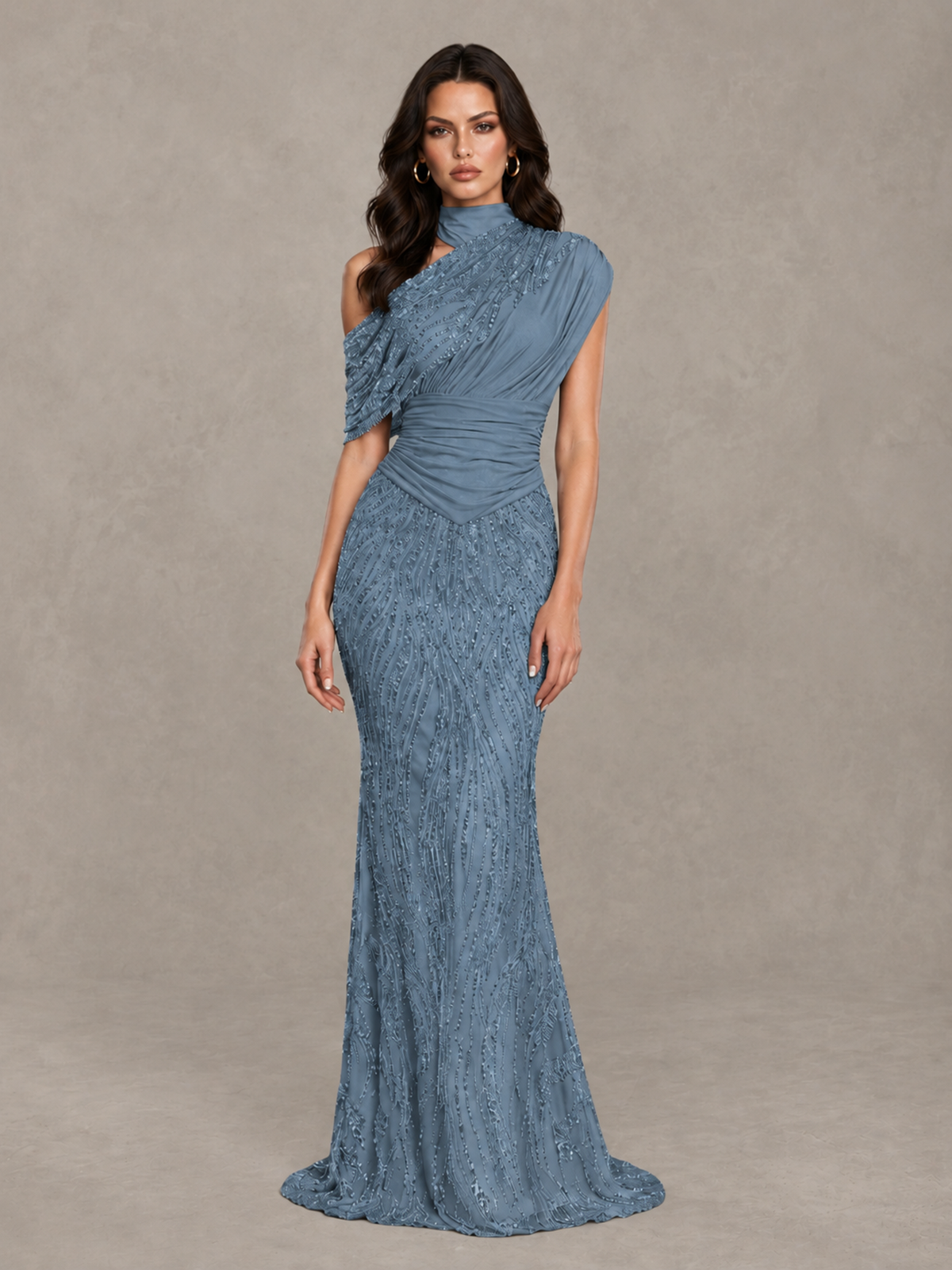 BOLODOO Dusty Blue High Neck Draped Sequin Mermaid Evening Gown - Dusty Blue - Dusty Blue_1