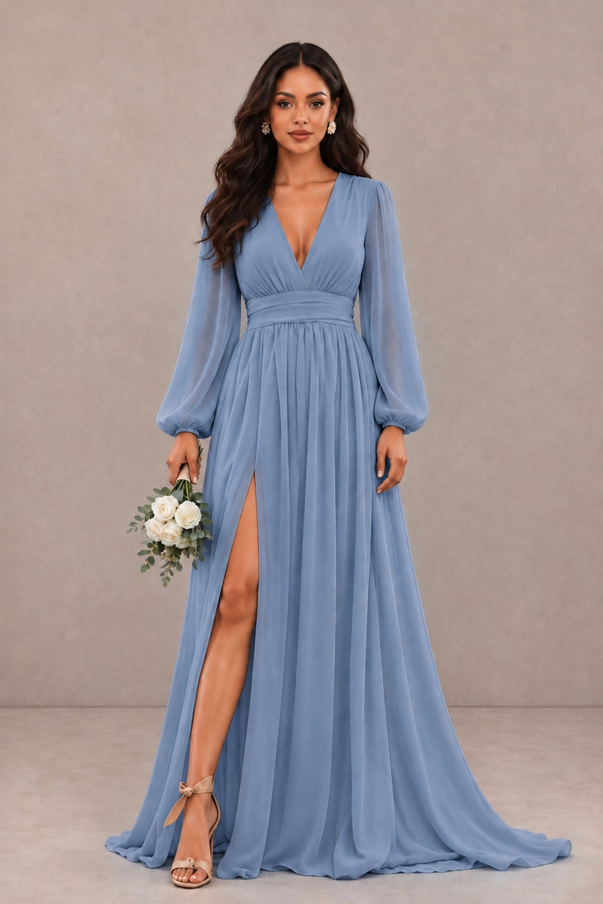 BOLODOO Dusty Blue Long Sleeve V-Neck A-Line Gown with Open Back & Slit - Dusty Blue - Dusty Blue_1
