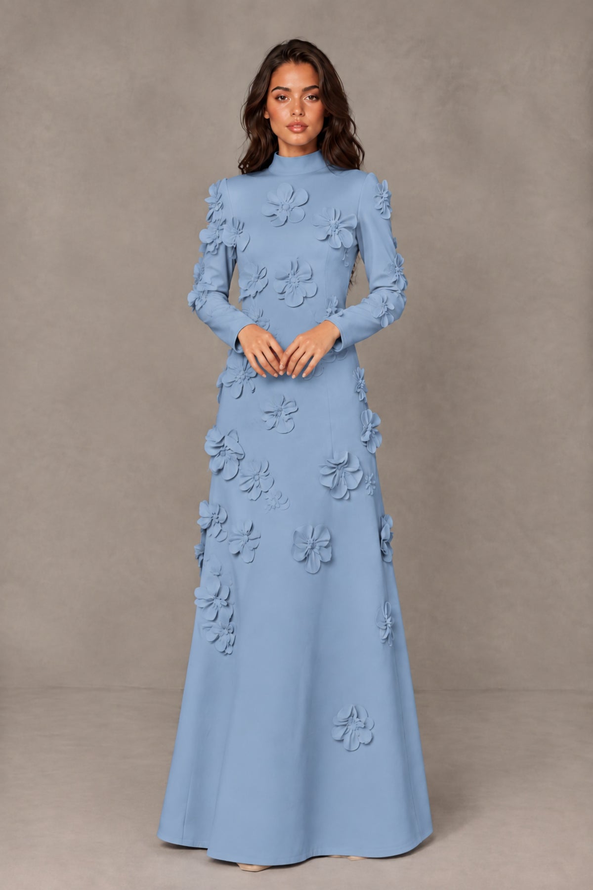 BOLODOO Dusty Blue High Neck Long Sleeve 3D Floral Evening Gown - Dusty Blue