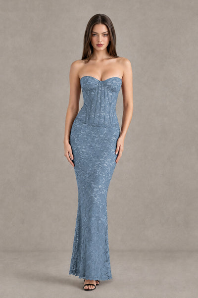 BOLODOO Dusty Blue Strapless Lace Corset Wedding Guest Dress - Dusty Blue - Dusty Blue_1