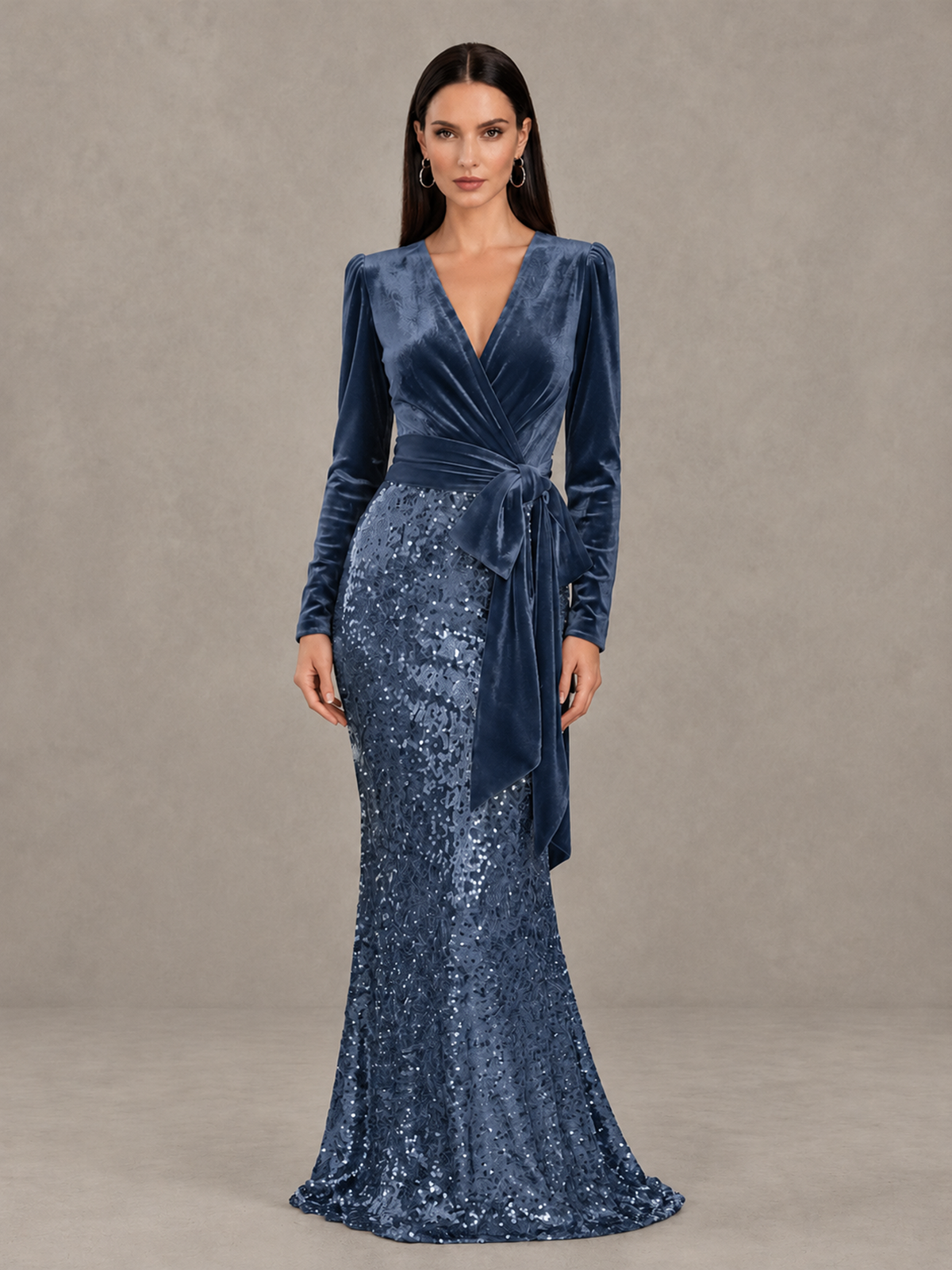 BOLODOO Dusty Blue Velvet & Sequin Long Sleeve V-Neck Mermaid Evening Gown - Dusty Blue - Dusty Blue_1