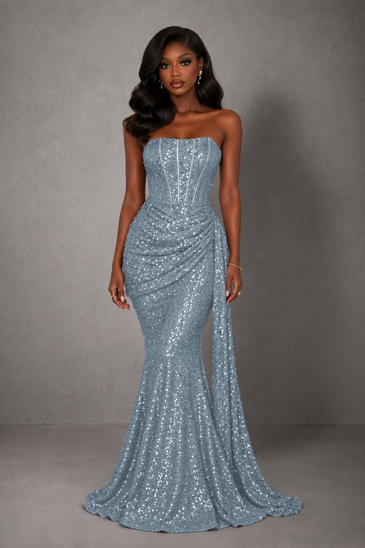 BOLODOO Dusty Blue Sequin Strapless Corset Mermaid Evening Gown with Train - Dusty Blue