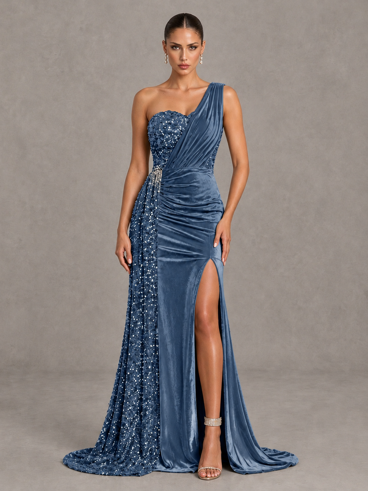 BOLODOO Dusty Blue One-Shoulder Satin Sequin Gown with High Slit - Dusty Blue - Dusty Blue_1
