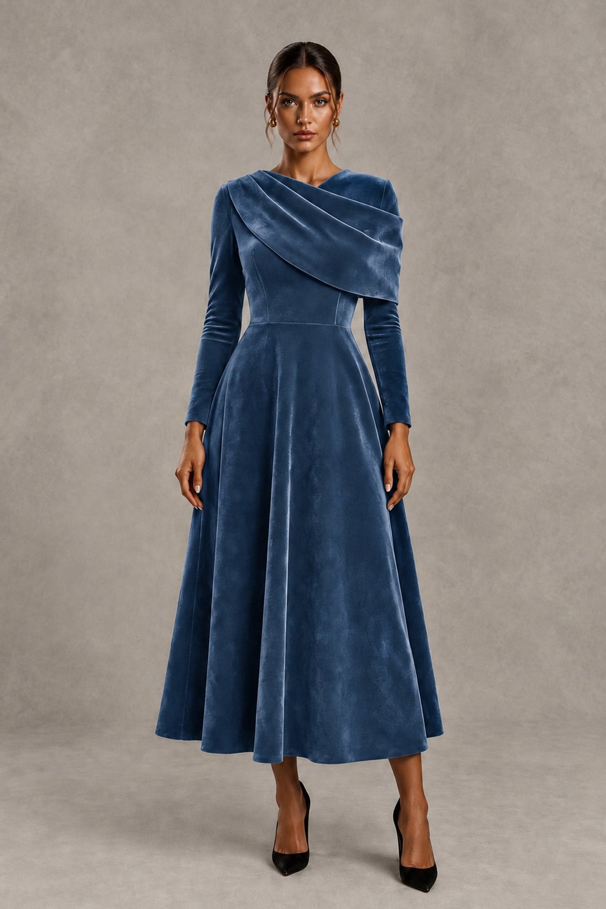 BOLODOO Dusty Blue Velvet-Look Long Sleeve Tea-Length A-Line Dress with Draped Neckline - Dusty Blue - Dusty Blue_1