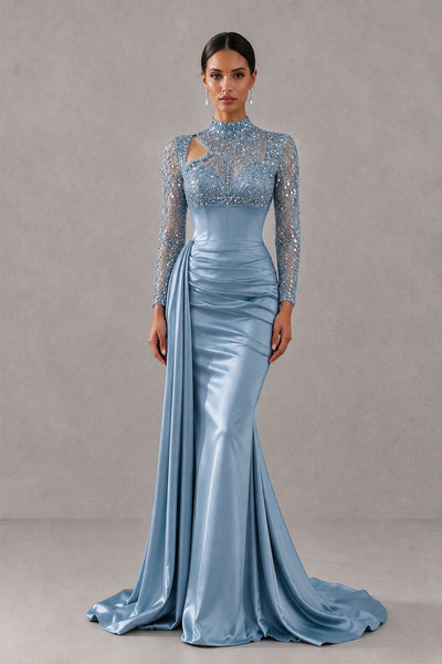 BOLODOO Dusty Blue Long Sleeve Embellished Satin Mermaid Evening Gown - Dusty Blue - Dusty Blue_1