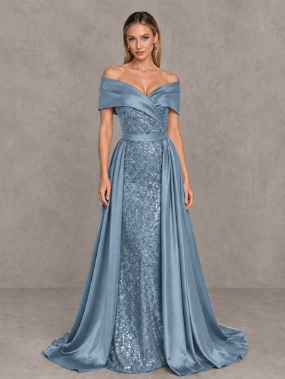 BOLODOO Dusty Blue Sequin Mermaid Evening Dress with Detachable Satin Overskirt and Sweep Train - Dusty Blue - Dusty Blue_1