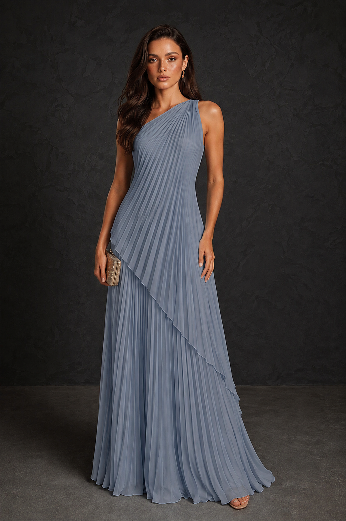 BOLODOO Dusty Blue One-Shoulder Sunburst Pleated Asymmetric Layered Overlay Accordion Pleated Chiffon Maxi Dress - Dusty Blue