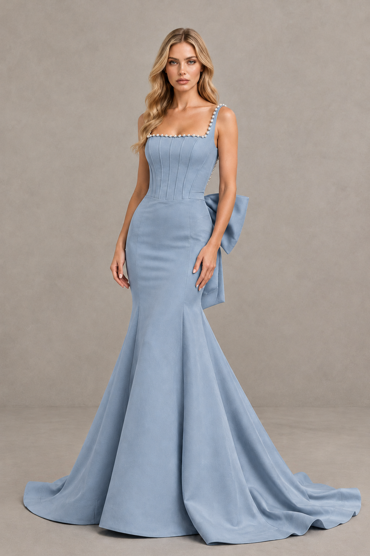 BOLODOO Dusty Blue Pearl-Trim Mermaid Prom Dress with Back Bow - Dusty Blue - Dusty_Blue_1