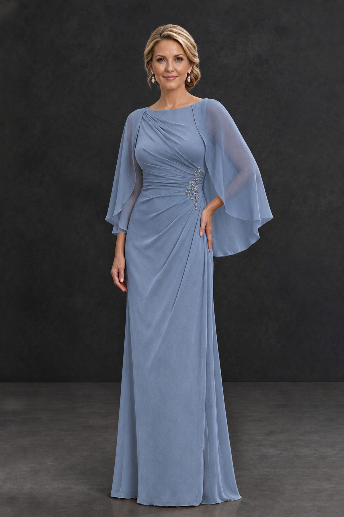 BOLODOO Dusty Blue Cape Sleeve Mother of the Bride Dress with Ruched Waist - Dusty Blue - Dusty Blue_1