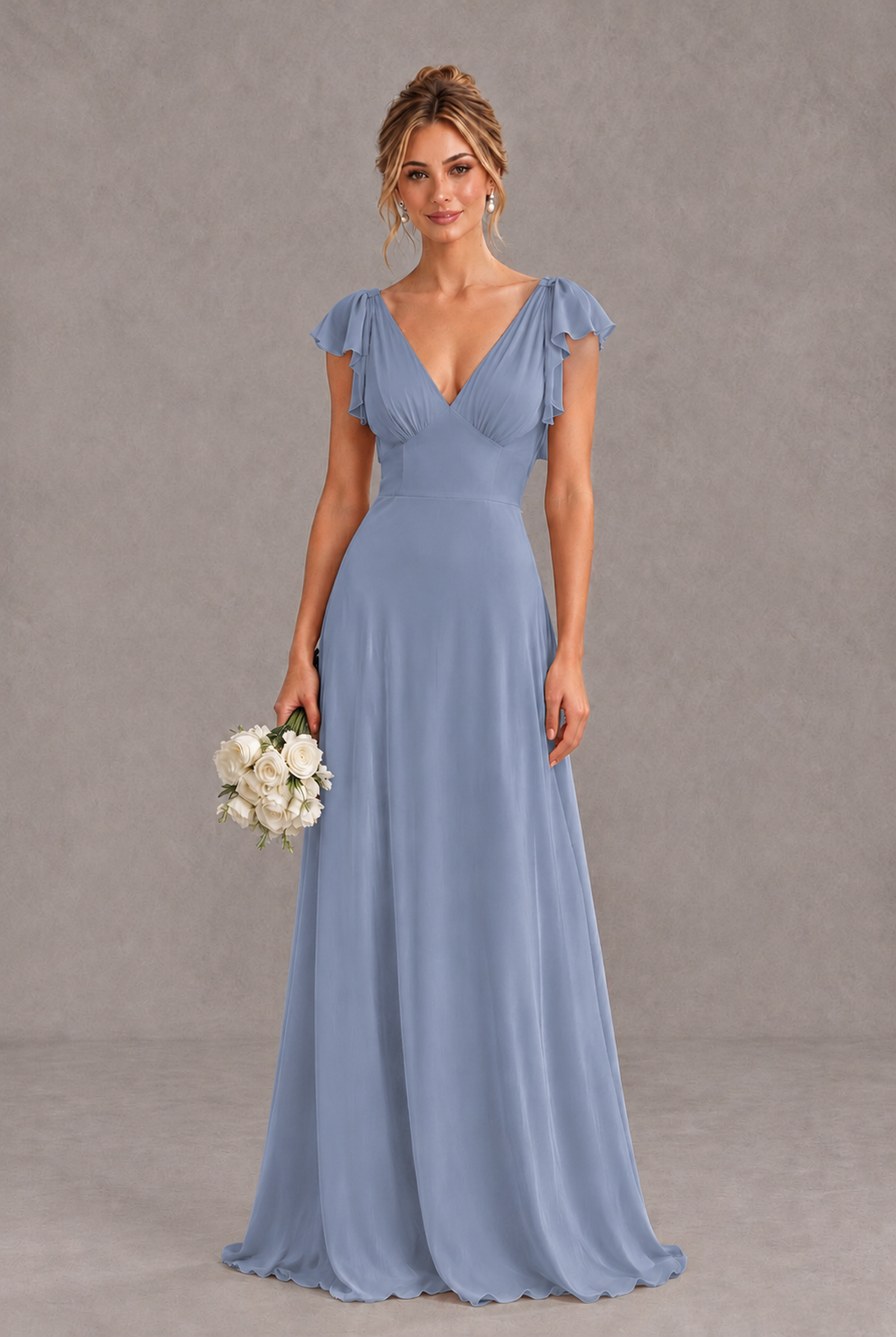 BOLODOO Dusty Blue V-Neck Flutter Sleeve A-Line Bridesmaid Dress - Dusty Blue - Dusty Blue_1