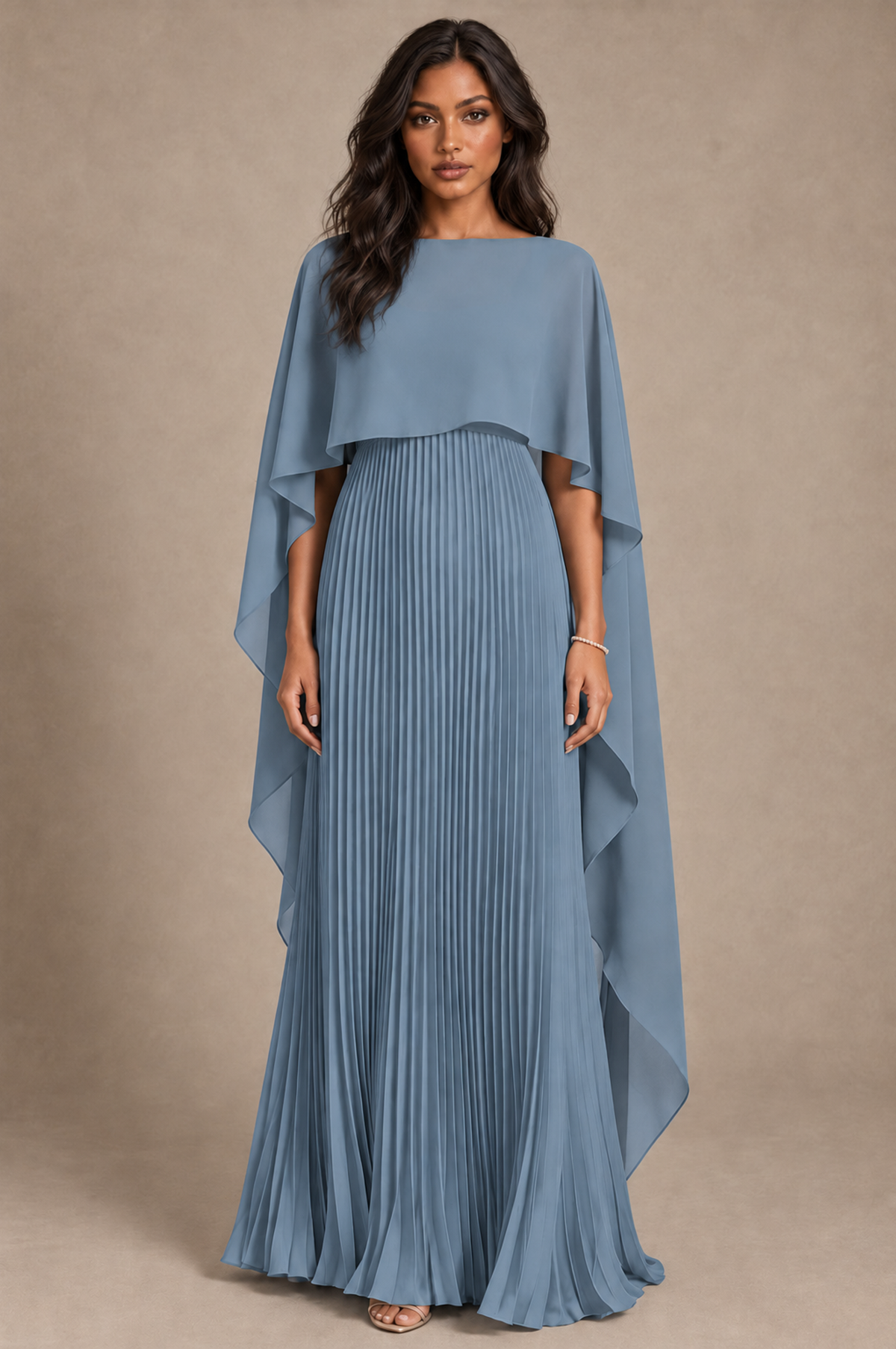 BOLODOO Dusty Blue Pleated Cape A-Line Evening Dress - Dusty Blue - Dusty_Blue_1