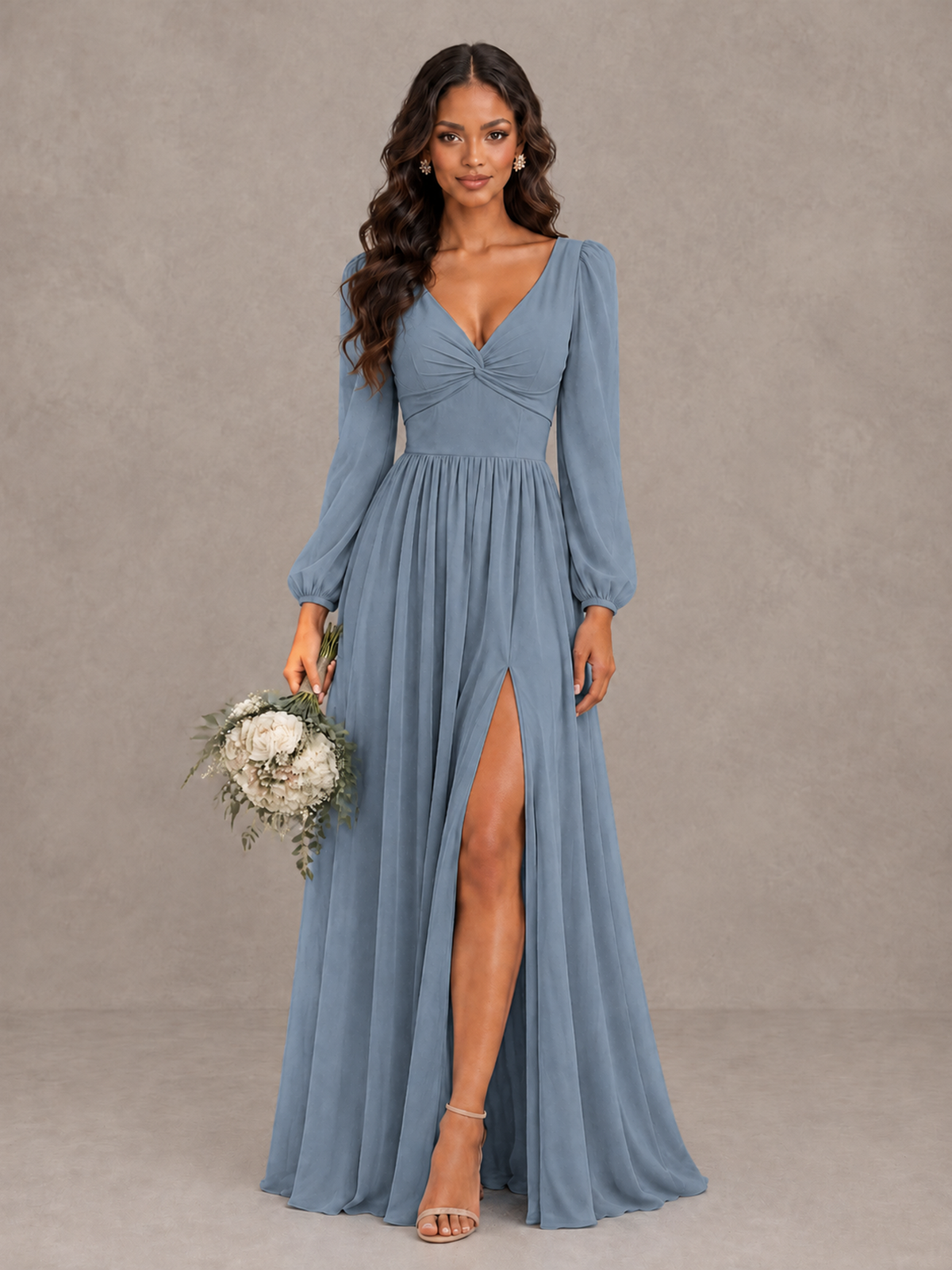 BOLODOO Dusty Blue V-Neck Long Sleeve Bridesmaid Dress with Tie Back and Slit - Dusty Blue - Dusty Blue_1