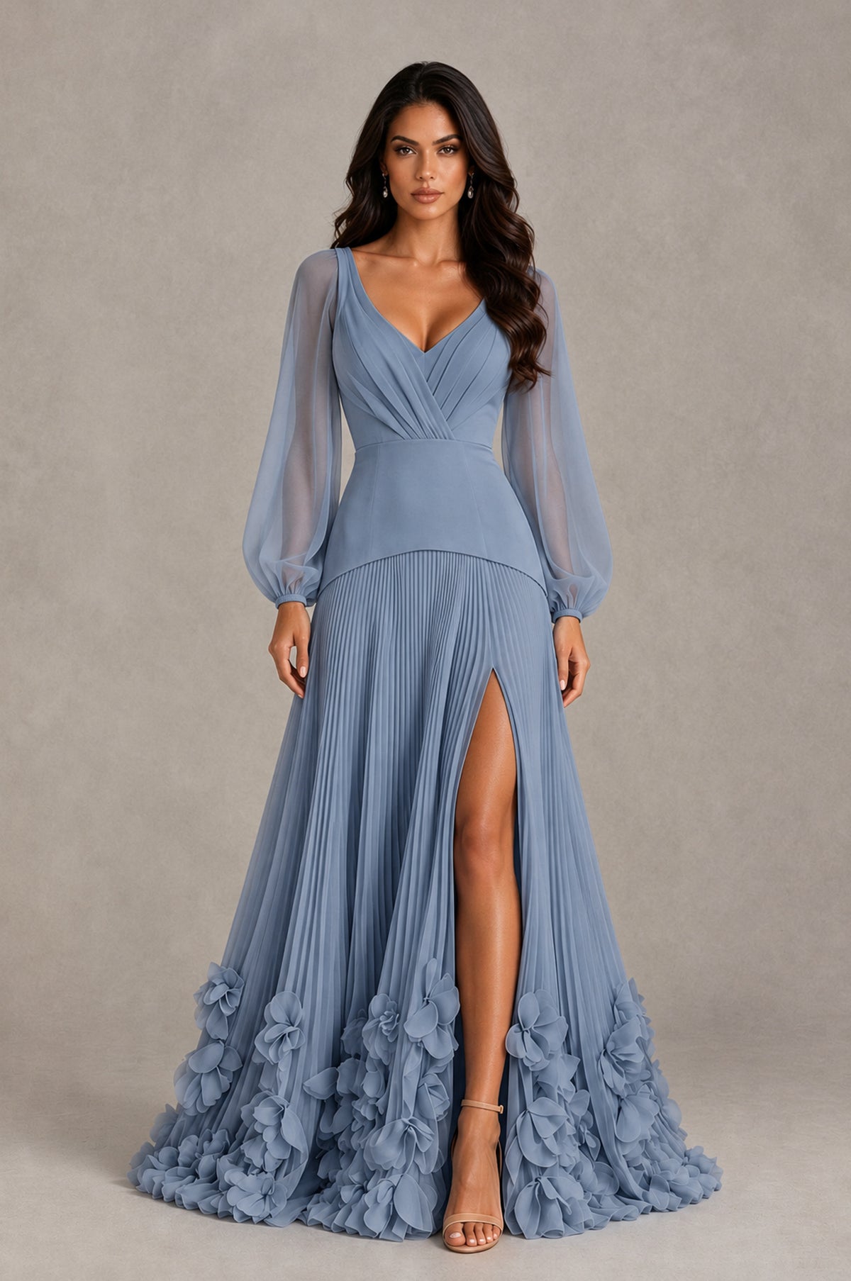 BOLODOO Dusty Blue V-Neck Long Sleeve Pleated Floral Hem Evening Dress - Dusty Blue - Dusty Blue_1
