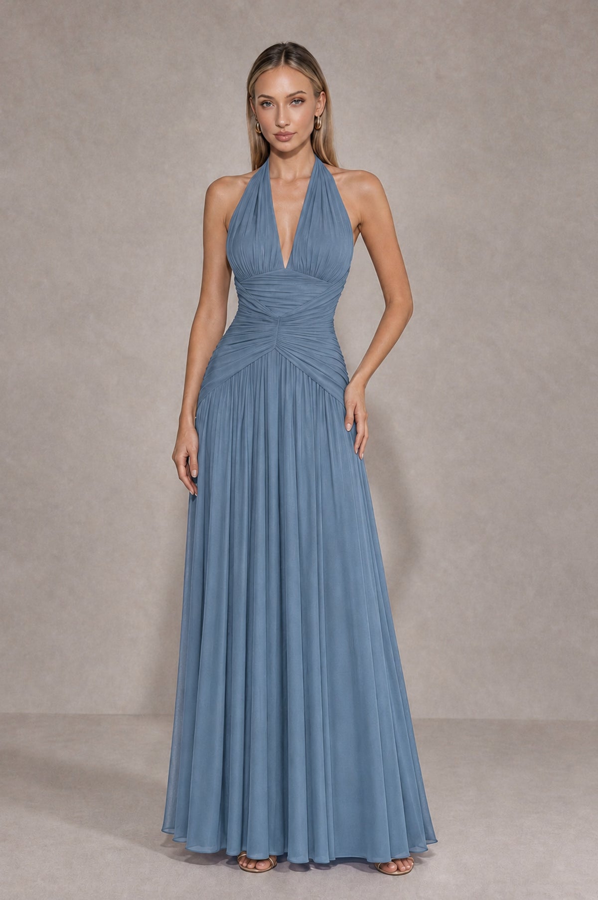 BOLODOO Dusty Blue Chiffon Halter Deep V-Neck Ruched A-Line Backless Maxi Dress with Train-BD0167 - Dusty Blue - Dusty Blue_1