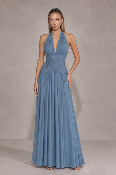 BOLODOO Dusty Blue Chiffon Halter Deep V-Neck Ruched A-Line Backless Maxi Dress with Train-BD0167 - Dusty Blue - Dusty Blue_1