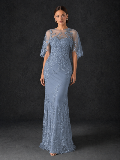 BOLODOO Mocha Rose Botanical Lace Flutter Sleeve Mermaid Gown - Dusty Blue - Dusty Blue