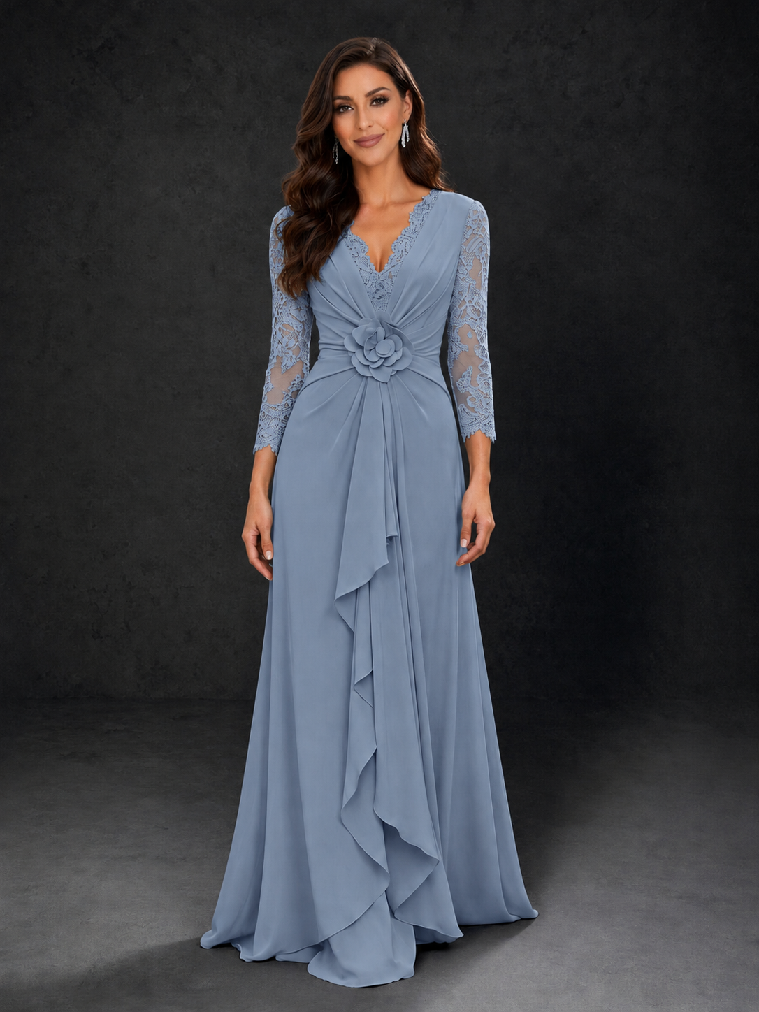 BOLODOO Dusty Blue Lace Sleeve V-Neck Floral Waist Chiffon A-Line Maxi Dress - Dusty Blue