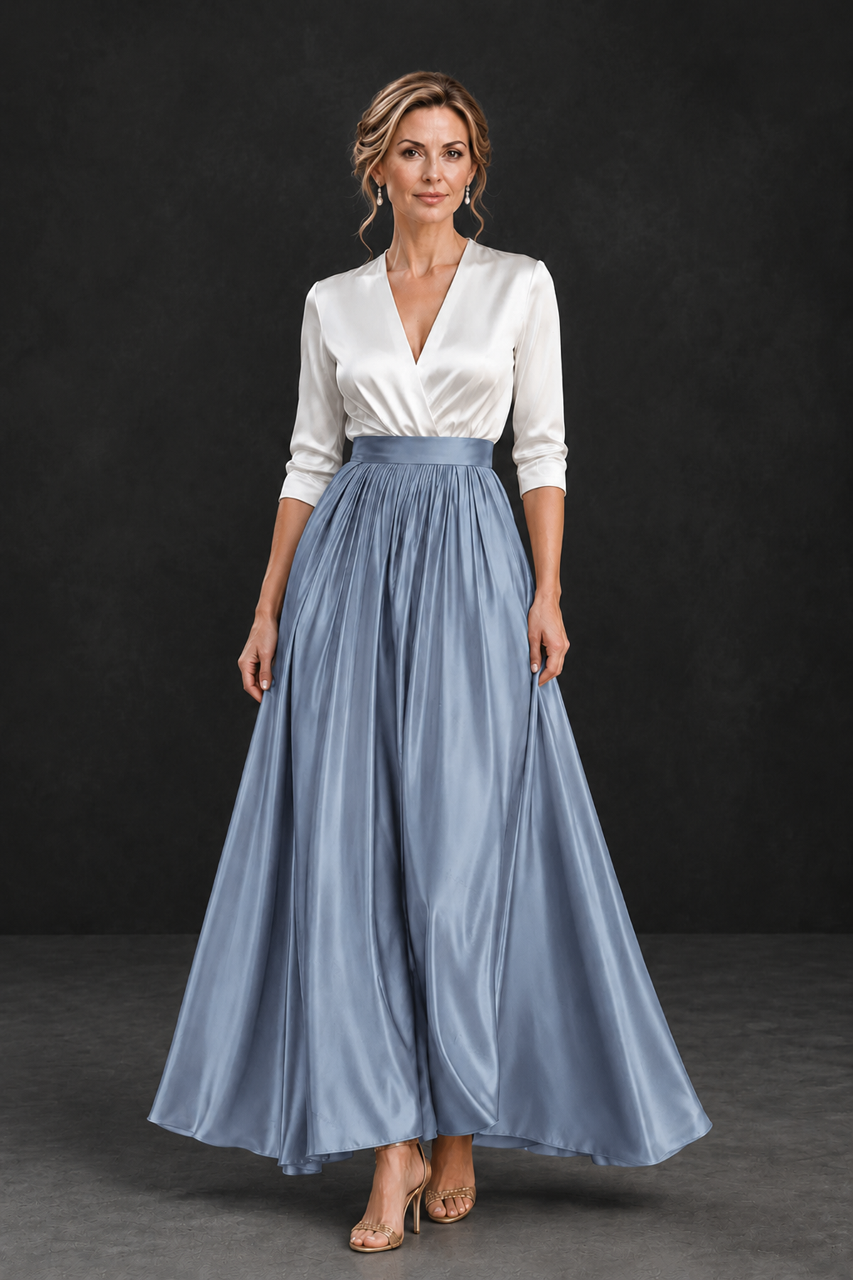 BOLODOO Dusty Blue and White V-Neck A-Line Mother of the Bride Dress - Dusty Blue - Dusty Blue_1