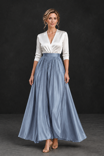 BOLODOO Dusty Blue and White V-Neck A-Line Mother of the Bride Dress - Dusty Blue - Dusty Blue_1