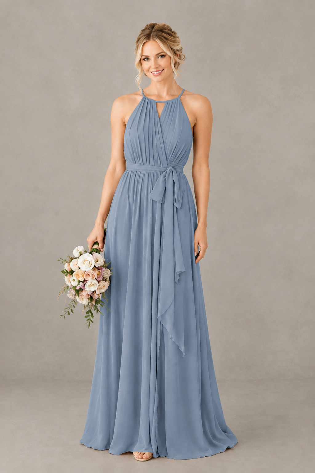BOLODOO Dusty Blue Halter Chiffon Bridesmaid Dress with High Slit - Dusty Blue