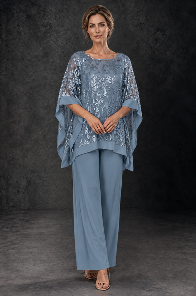 BOLODOO Dusty Blue Floral Cape Mother of the Bride Pant Suit - Dusty Blue - Dusty_Blue_1