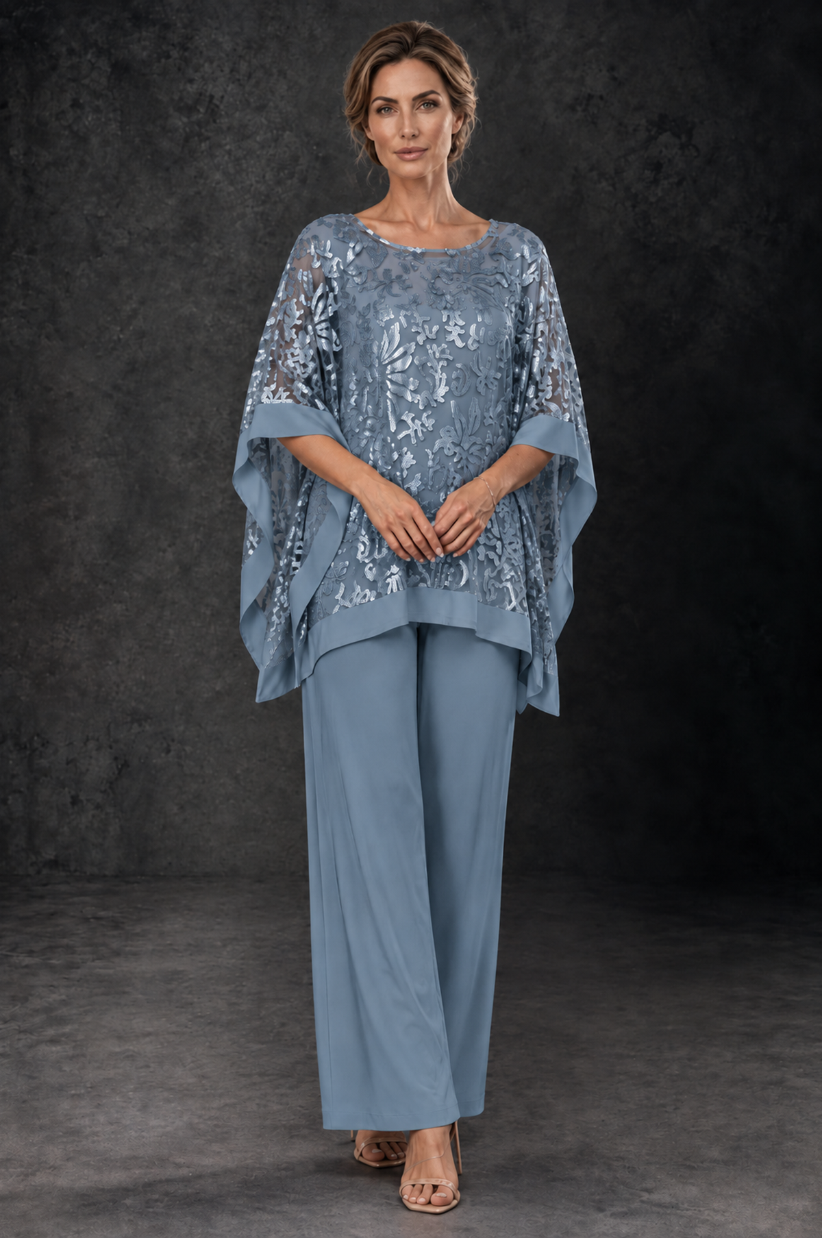 BOLODOO Dusty Blue Floral Cape Mother of the Bride Pant Suit - Dusty Blue - Dusty_Blue_1