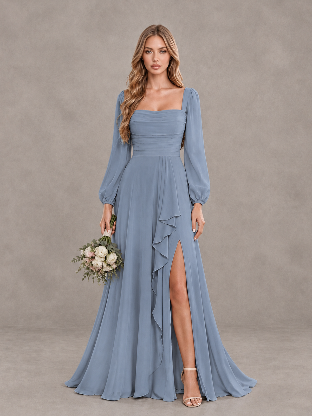 BOLODOO Dusty Blue Square Neck Long Sleeve Bridesmaid Dress with Ruffle Slit - Dusty Blue - Dusty Blue_1