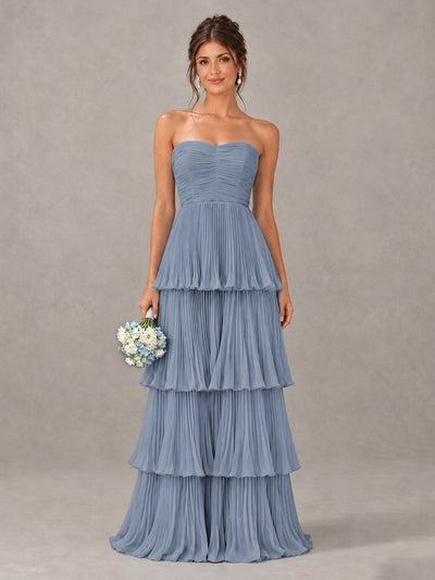 BOLODOO Dusty Blue Strapless Tiered Pleated Bridesmaid Dress - Dusty Blue - Dusty Blue_1