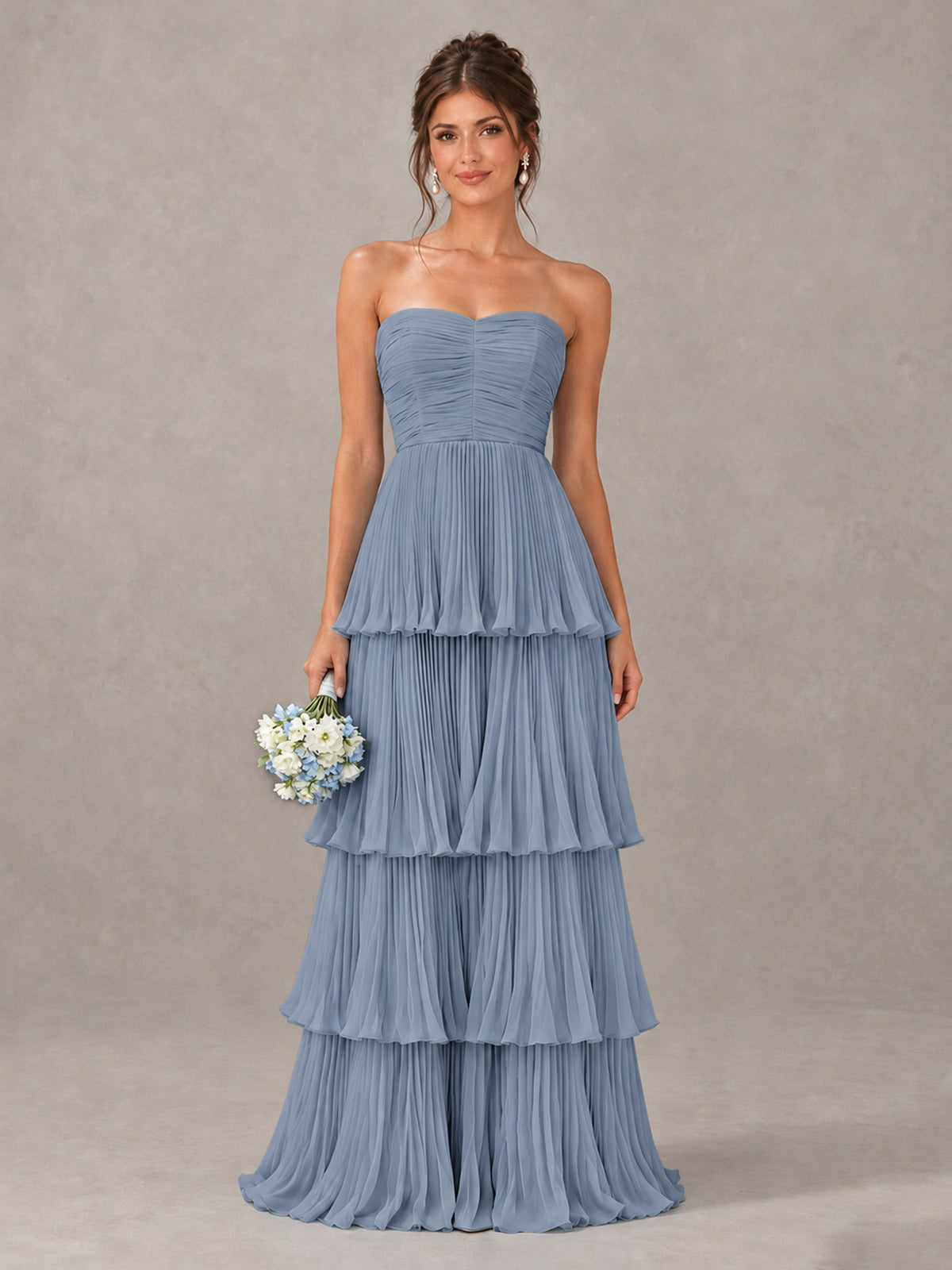 BOLODOO Dusty Blue Strapless Tiered Pleated Bridesmaid Dress - Dusty Blue - Dusty Blue_1