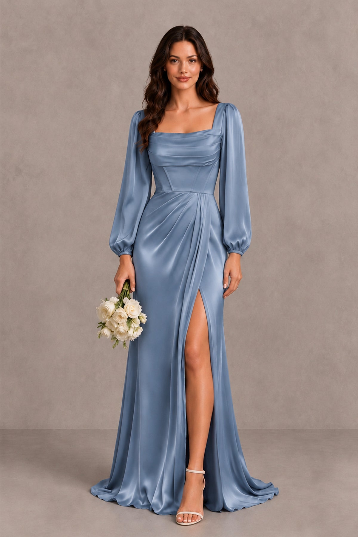 BOLODOO Dusty Blue Satin-Look Long Sleeve Evening Dress with High Slit - Dusty Blue - Dusty Blue_1