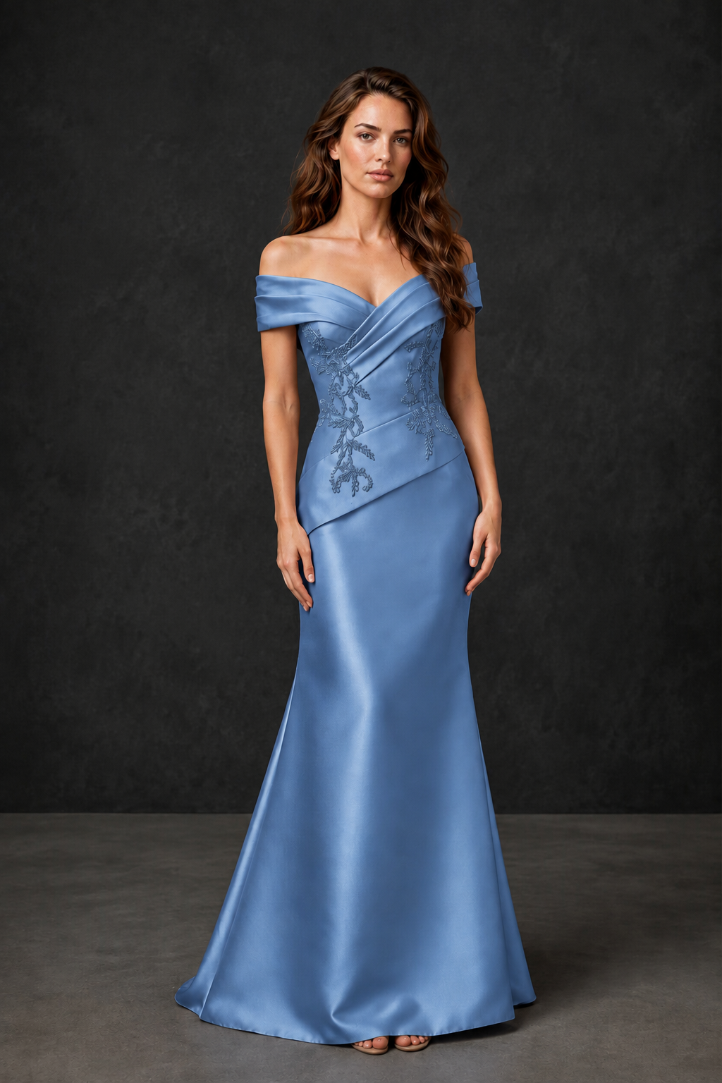 BOLODOO Dusty Blue Satin Off-Shoulder Sweetheart Asymmetric Peplum Mermaid Gown with Dusty Blue Floral Embroidery | MOB Evening Dress - Dusty Blue