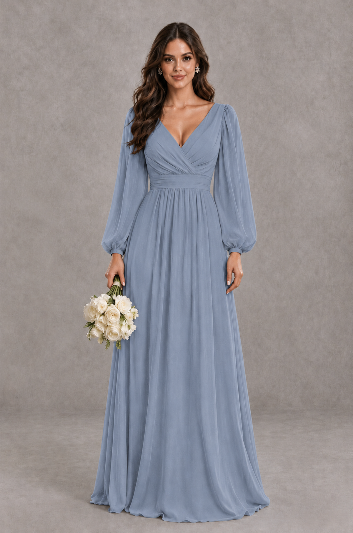 BOLODOO Dusty Blue Long Sleeve V-Neck A-Line Bridesmaid Dress - Dusty Blue - Dusty Blue_1