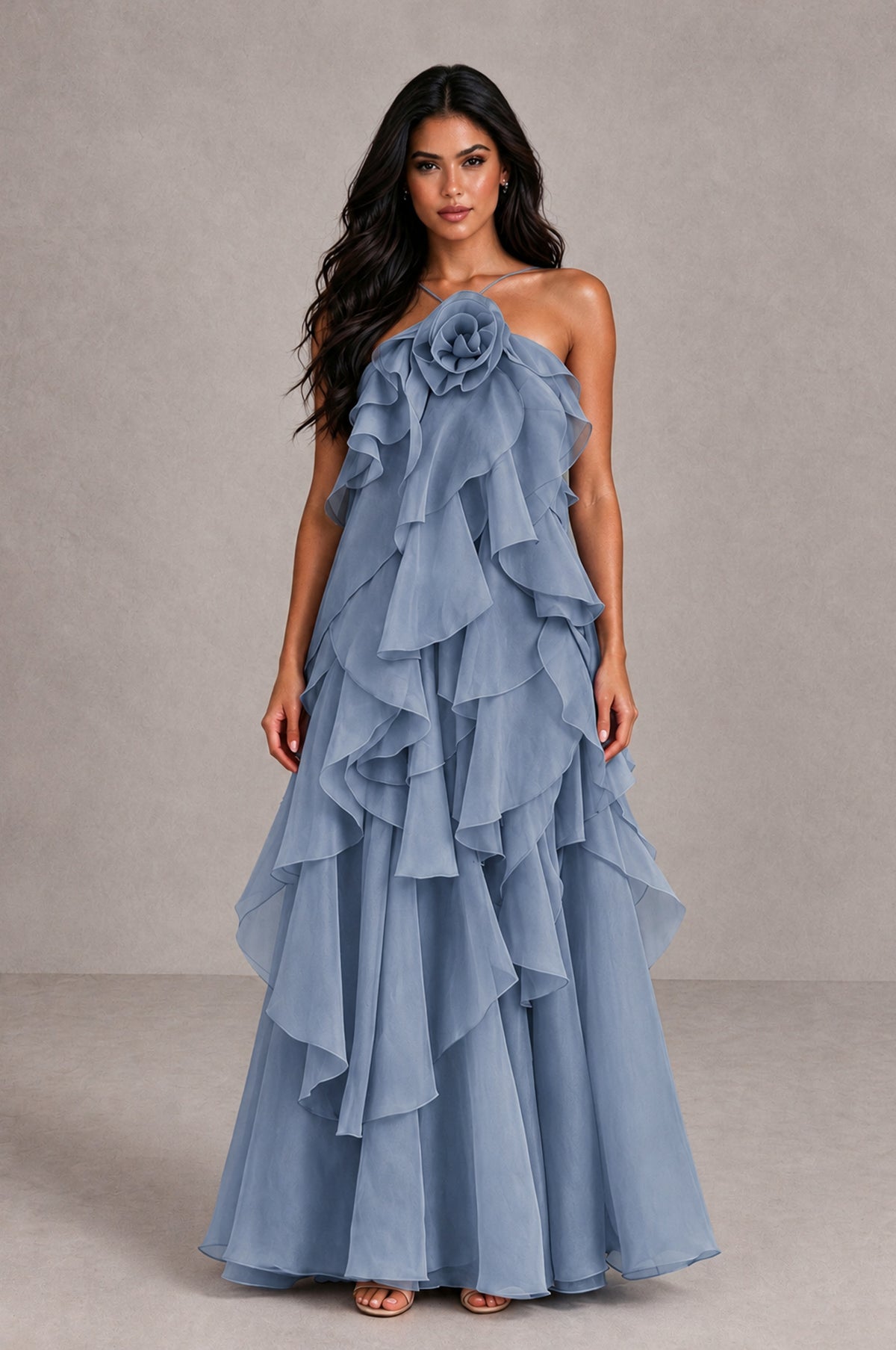 BOLODOO Dusty Blue Cascading Ruffle Rosette Open-Back Maxi Dress - Dusty Blue - Dusty Blue_1