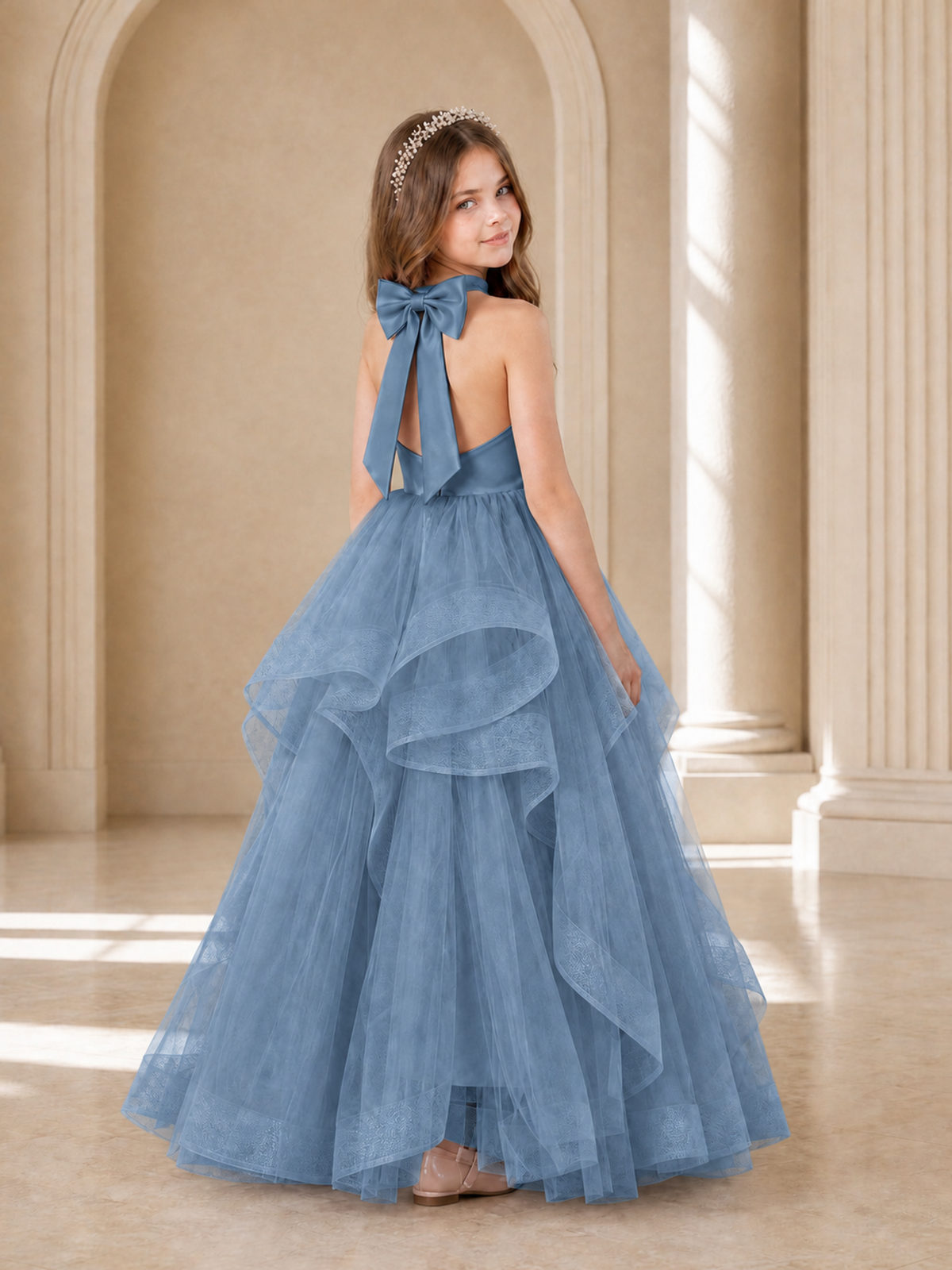 BOLODOO Dusty Blue Halter Tiered Tulle Flower Girl Dress with Bow Back - Dusty Blue - Dusty Blue_1