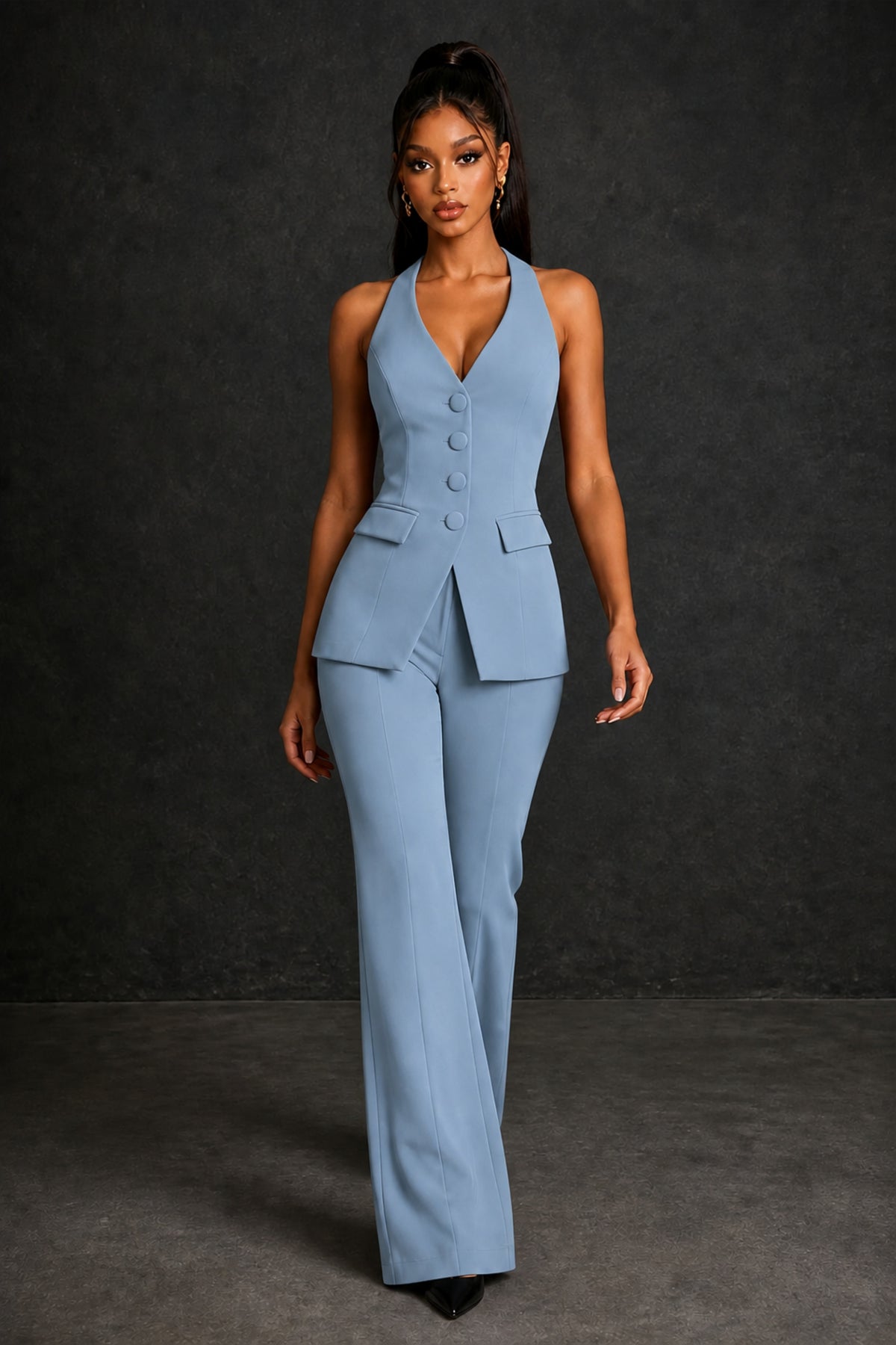 BOLODOO Dusty Blue Halter Neck Deep V Open Back– Formal Suit with Wide-Leg Pants - Dusty Blue
