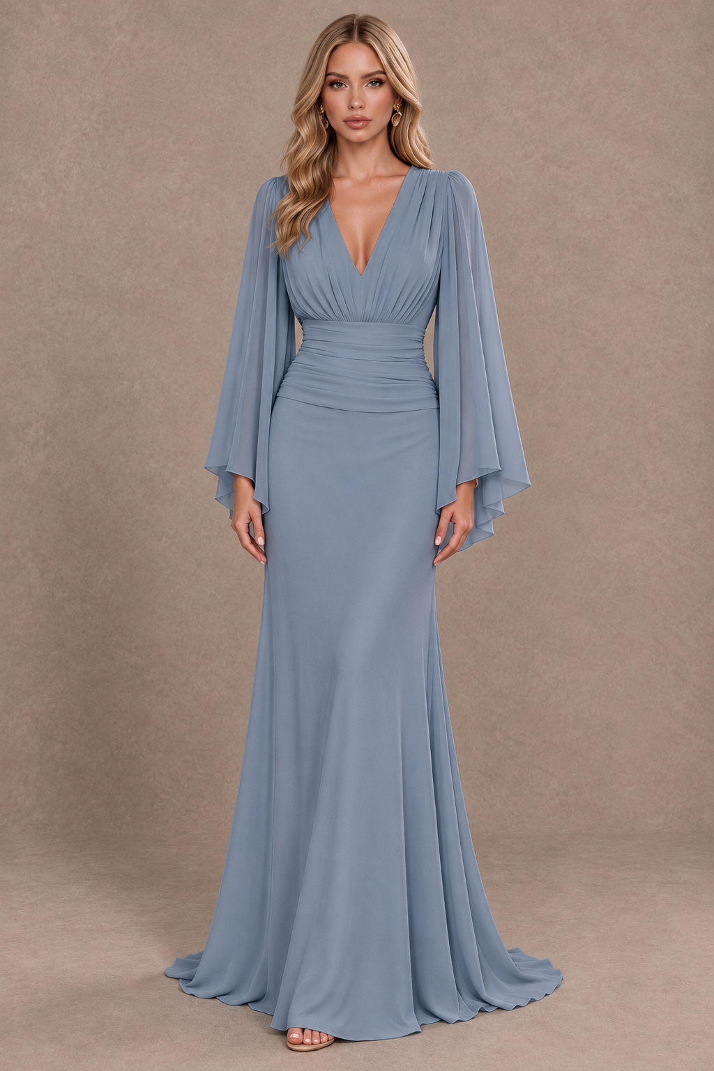 BOLODOO Dusty Blue Cape Sleeve V-Neck Ruched Chiffon Evening Dress - Dusty Blue - Dusty_Blue_1
