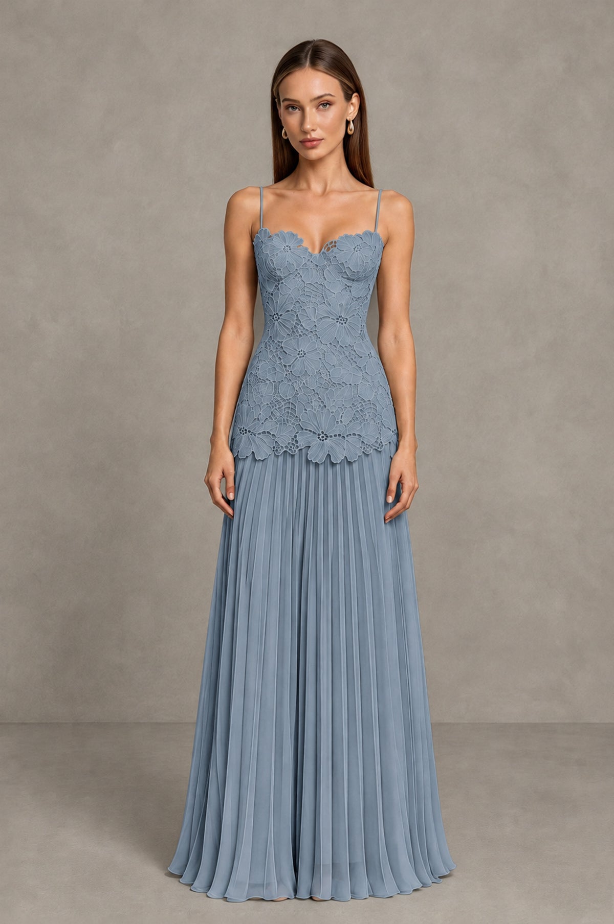 BOLODOO Dusty Blue Lace Bodice Pleated Wedding Guest Dress - Dusty Blue - Dusty Blue_1