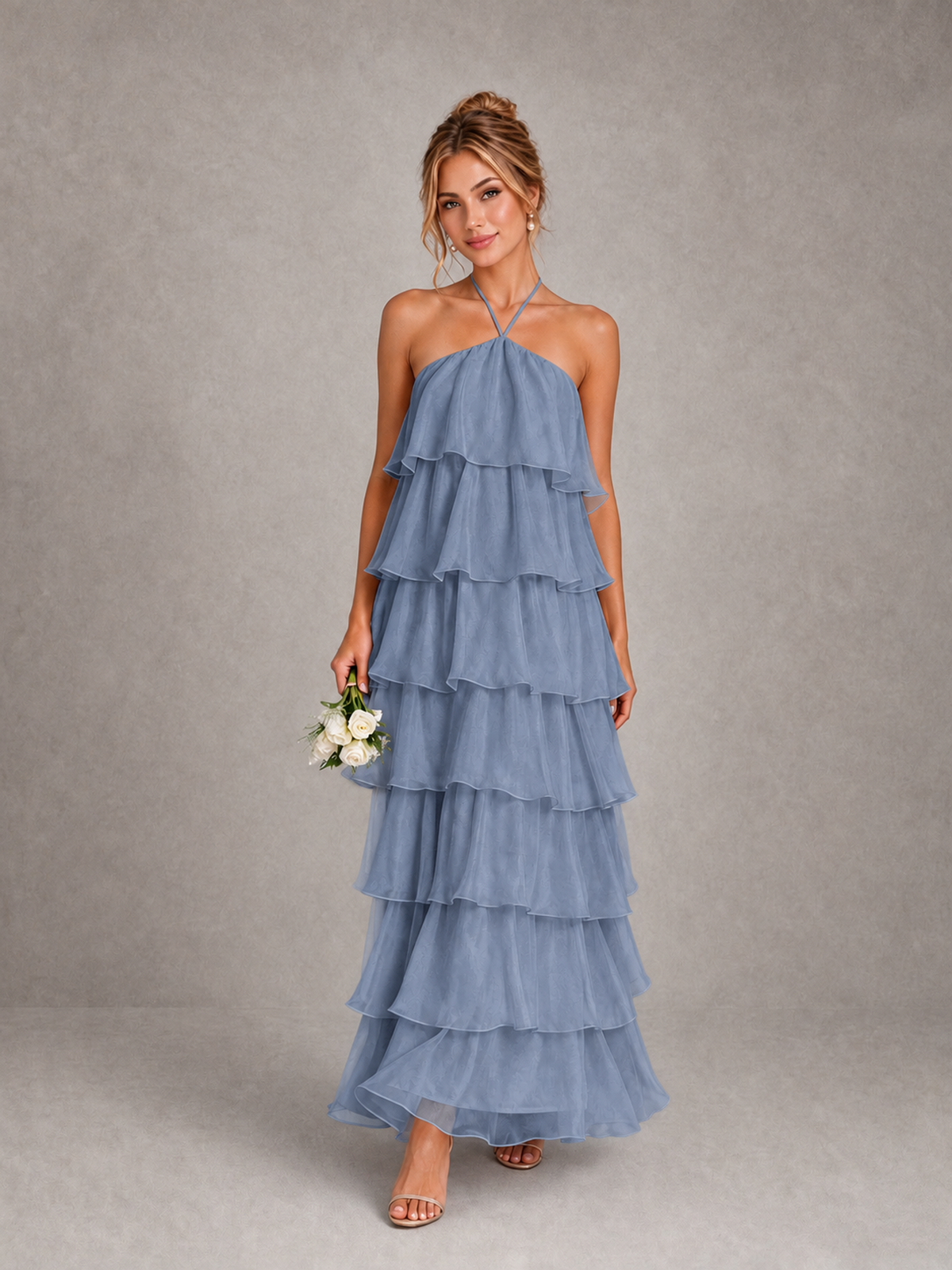 BOLODOO Dusty Blue Halter Tiered Ruffle Maxi Bridesmaid Dress - Dusty Blue - Dusty Blue_1