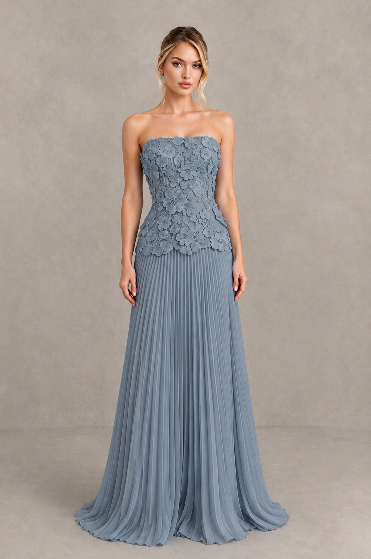 BOLODOO Dusty Blue Strapless Floral Applique Pleated Evening Dress - Dusty Blue - Dusty Blue_1