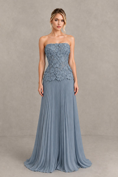 BOLODOO Dusty Blue Strapless Floral Applique Pleated Evening Dress - Dusty Blue - Dusty Blue_1