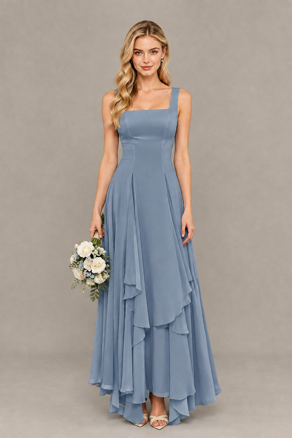 BOLODOO Dusty Blue Square Neck Chiffon Bridesmaid Dress with Lace-Up Back - Dusty Blue