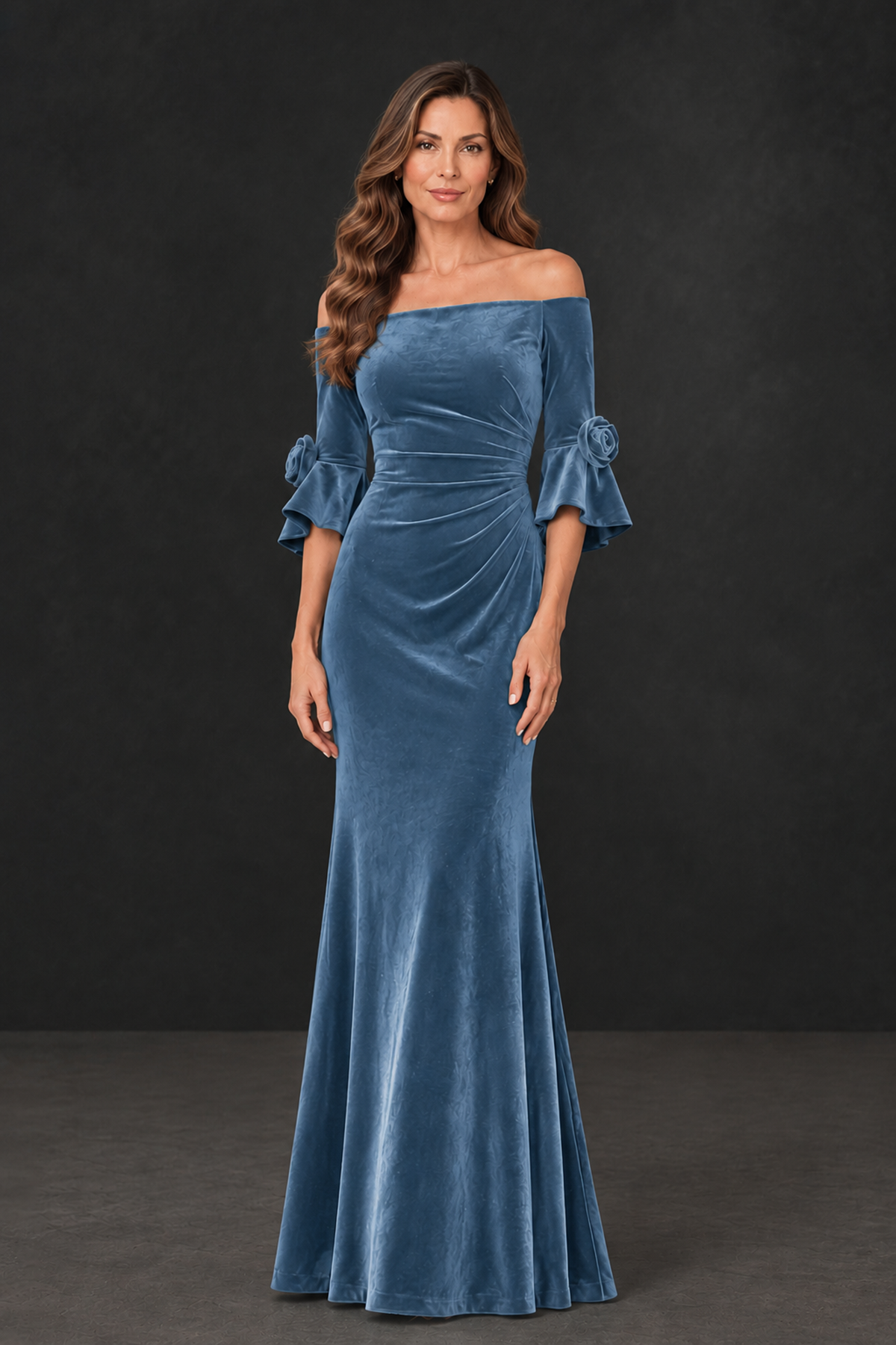 BOLODOO Dusty Blue Velvet Mother of the Bride Dress with Rosette Sleeves - Dusty Blue - Dusty_Blue_1