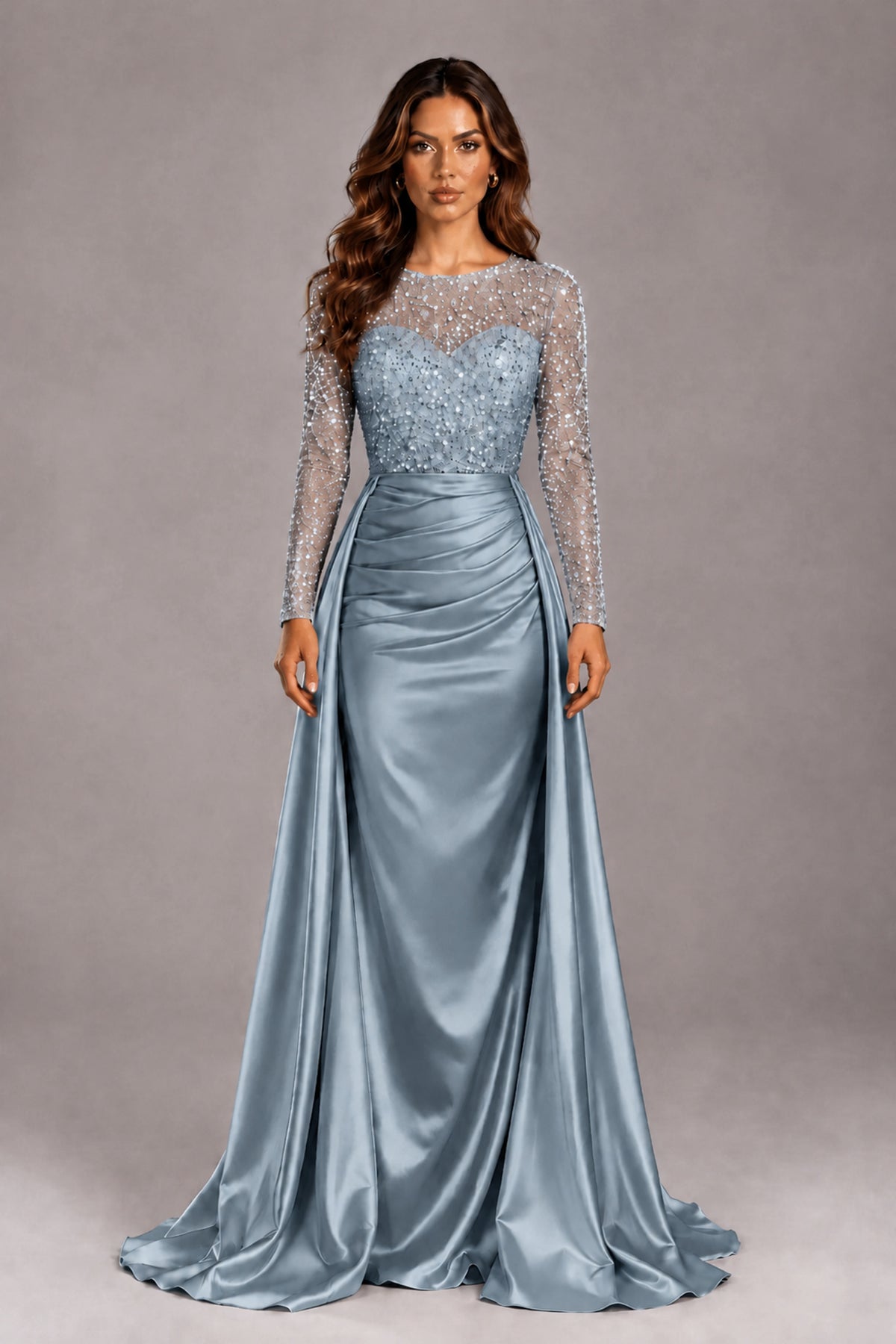 BOLODOO Dusty Blue Long Sleeve Embellished Satin Evening Gown with Sweep Train - Dusty Blue - Dusty Blue_1