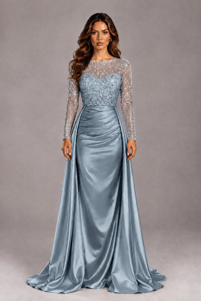 BOLODOO Dusty Blue Long Sleeve Embellished Satin Evening Gown with Sweep Train - Dusty Blue - Dusty Blue_1